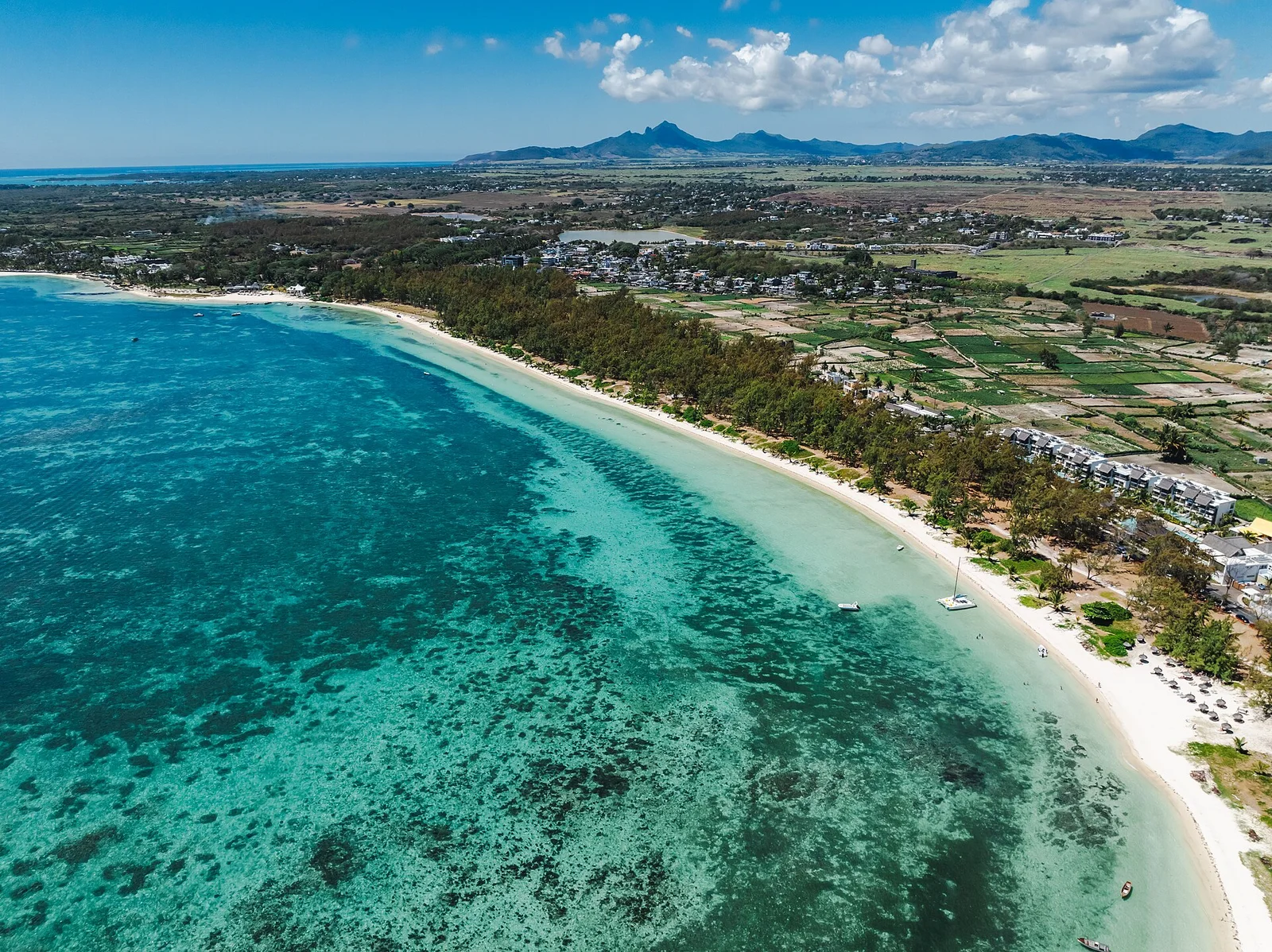 An aerial view of Belle Mare beach and the lagoon