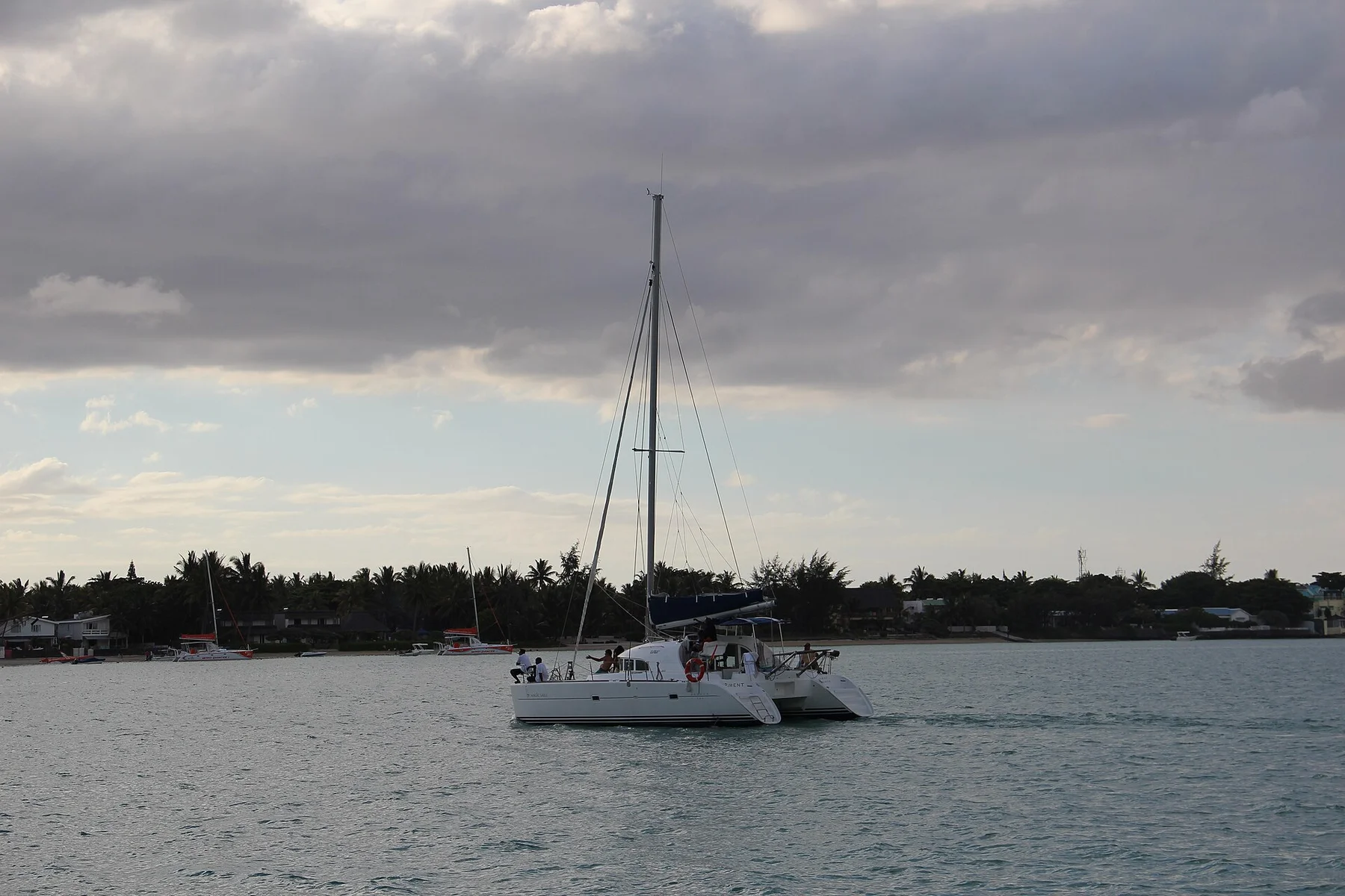 A catamaran moored in Grand Baie on the north coast